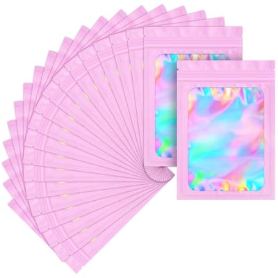 100 pack mylar bags holographic smell proof packaging bag for small bussiness resealable zipper sealable pouch bags sample, jewelry, lipgloss, food,soap,electronic supplies3.54.7 inch,pink