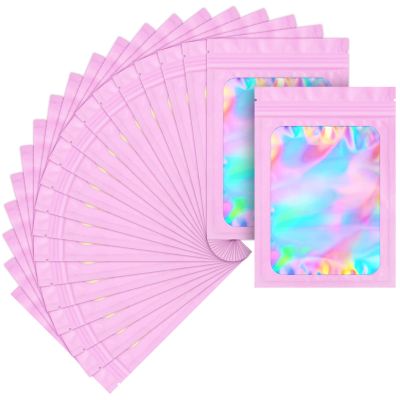 100 pack mylar bags holographic smell proof packaging bag for small bussiness resealable zipper sealable pouch bags sample, jewelry, lipgloss, food,soap,electronic supplies7.110.2 inch,pink