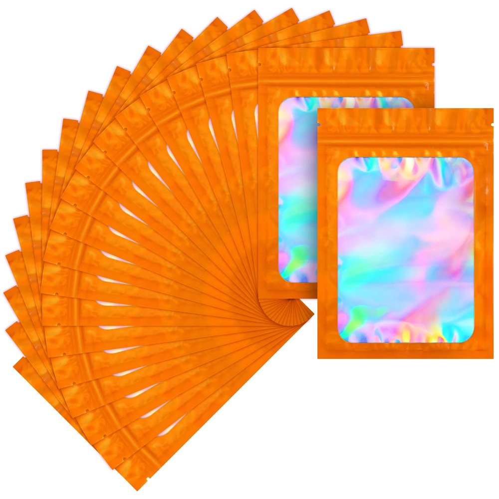 100 pack mylar bags holographic smell proof packaging bag for small bussiness resealable zipper sealable pouch bags sample, jewelry, lipgloss, food,soap,electronic supplies7.110.2 inch,orange