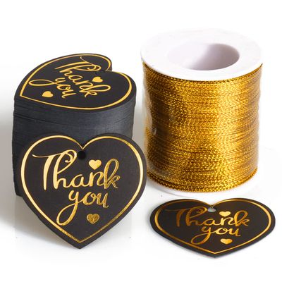 Thank You Tags,100pcs Heart Paper Gift Tags with String (Black)