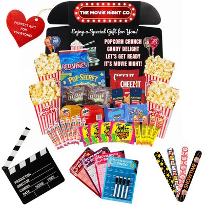 Movie Night Gift Basket  42-Piece Gift Box with Popcorn, Candy, Snacks & Bingo  Birthdays, Date Night, Family, Kids, Adults, Mom, Dad, Teens, Christmas, Mothers Day, Fathers Day, Raffle & Fundraiser