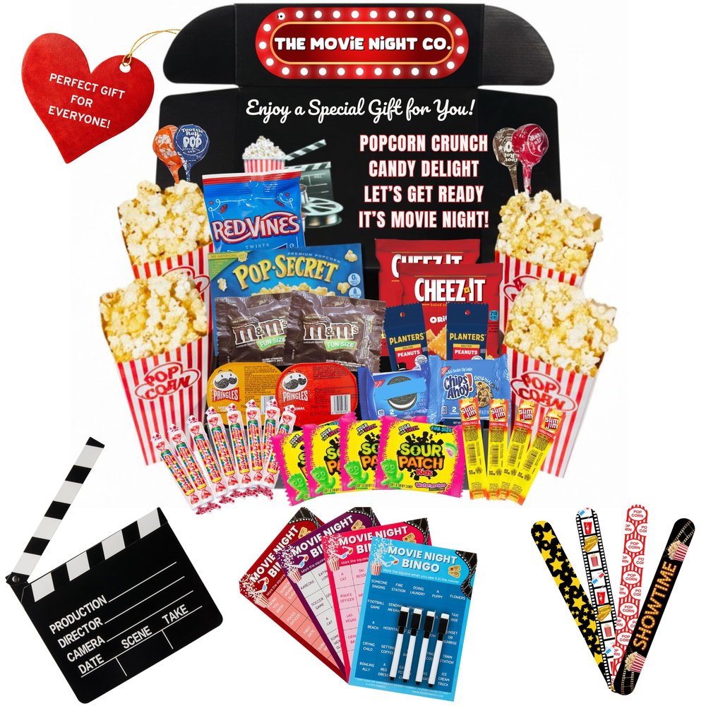 Movie Night Gift Basket 42-Piece Gift Box with Popcorn, Candy, Snacks & Bingo Birthdays, Date Night, Family, Kids, Adults, Mom, Dad, Teens, Christmas, Mothers Day, Fathers Day, Raffle & Fundraiser