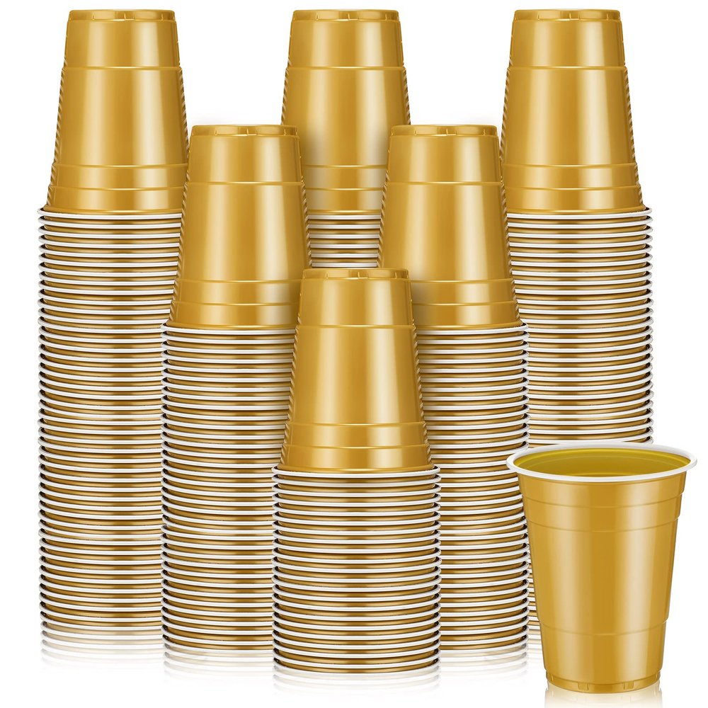 Lounsweer 100 Pack 16 Ounce Plastic Party Cups Heavy Duty Drinking Water Cups for Valentine Carnival St. Patrick's Day Holiday Festival Wedding Birthday Party Supplies(Gold)