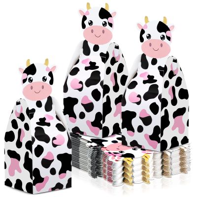 Karenhi 50 Pcs Cow Party Treat Boxes Farm Animal Gift Boxes Cow Party Favors Candy Goodies Gift for Farm Animals Theme Supplies Decoration(Black, Pink)
