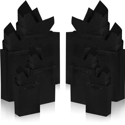 Outus 96 Sets Black Gift Bags 48 Paper Kraft Bags with 48 Copy Papers 4 Different Sizes in 6 Inches 8 Inches 11 Inches and 13 Inches for Birthday Graduations Parties Wedding