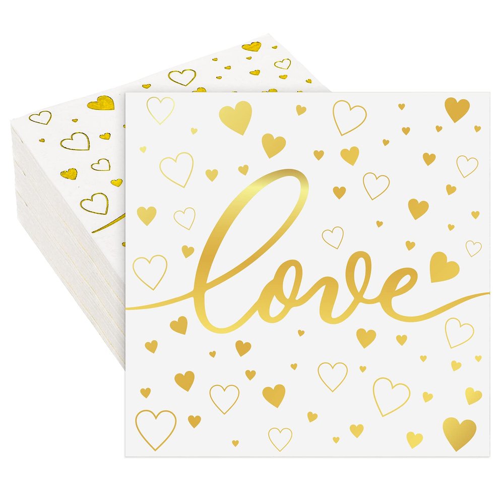 Whaline 80 Pack Valentine's Day Napkins Foil Gold Disposable Napkins Love Heart Printed Dinner Napkins Decorative Holiday Party Paper Napkins for Valentine's Day Party Supplies, 6.5 x 6.5 in