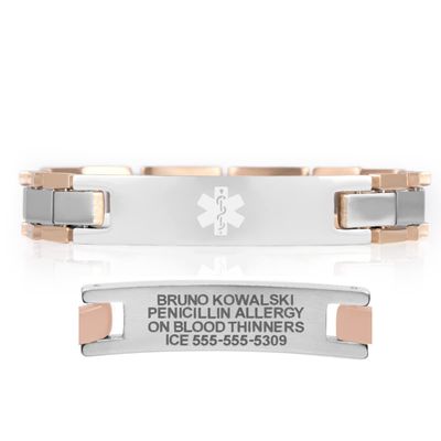 Lauren's Hope Durable Custom Engraved Black, Blue and Rose Gold and Silver Medical Alert Bracelets, Diabetes, Heart Disease, Pacemaker, Epilepsy, Medical ID (7 inches, Rose Gold and Silver)