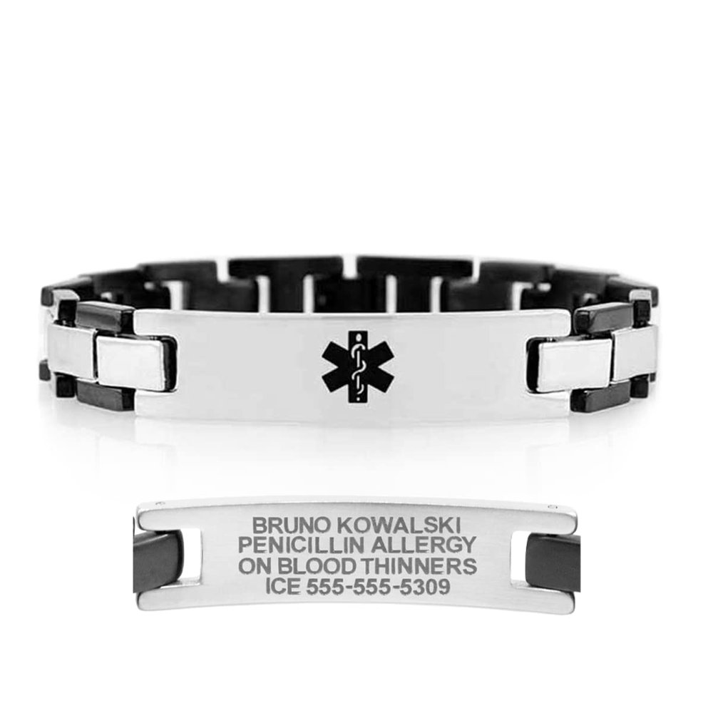 Lauren's Hope Durable Custom Engraved Black, Blue and Rose Gold and Silver Medical Alert Bracelets, Diabetes, Heart Disease, Pacemaker, Epilepsy, Medical ID (9 inches, Black and Silver)