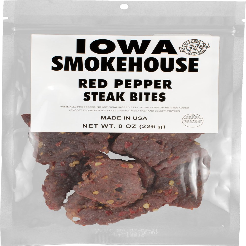 IOWA SMOKEHOUSE Steak Bites, Red Pepper - Tender Nugget Meat Snack - All Natural & Gluten Free - 9g of Protein, All USA Beef - 8 Oz (resealable bag)