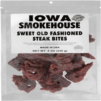 IOWA SMOKEHOUSE Steak Bites, Sweet Old Fashioned - Tender Nugget Meat Snack - All Natural & Gluten Free - 9g of Protein, All USA Beef - 8 Oz (resealable bag)