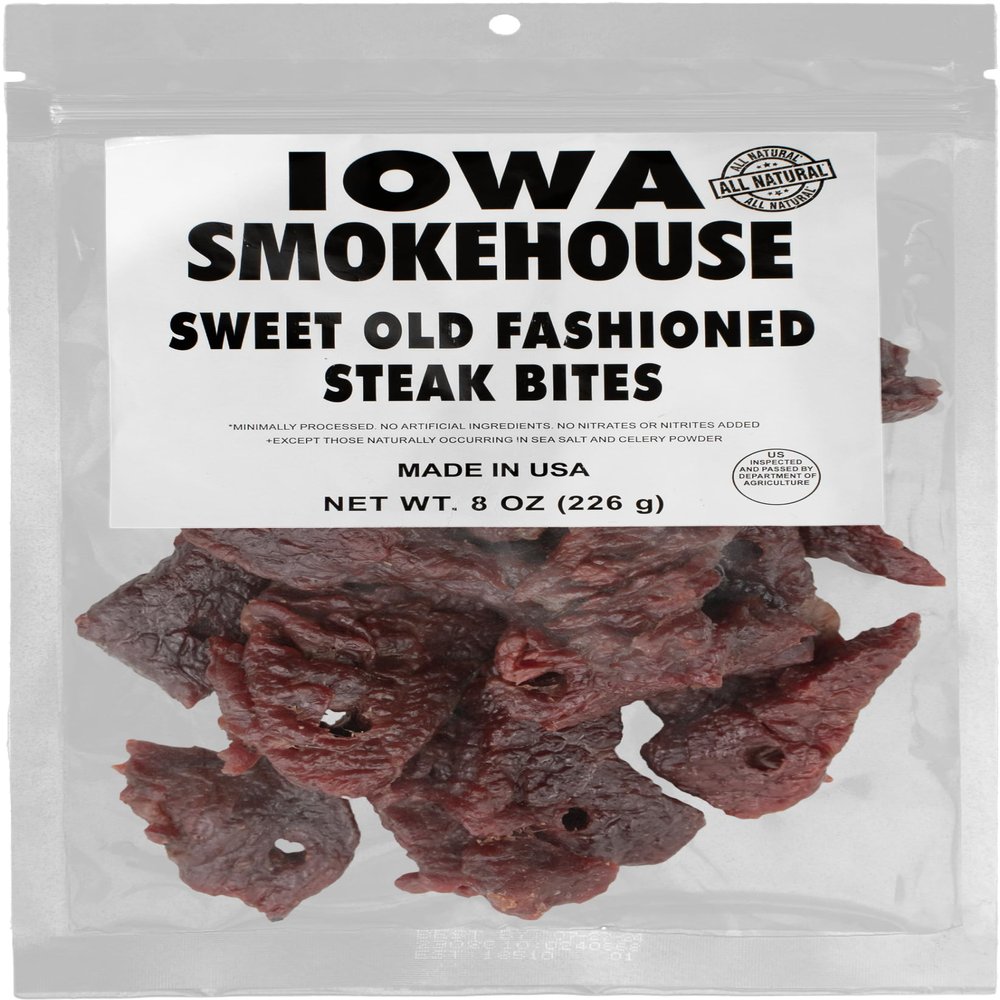 IOWA SMOKEHOUSE Steak Bites, Sweet Old Fashioned - Tender Nugget Meat Snack - All Natural & Gluten Free - 9g of Protein, All USA Beef - 8 Oz (resealable bag)