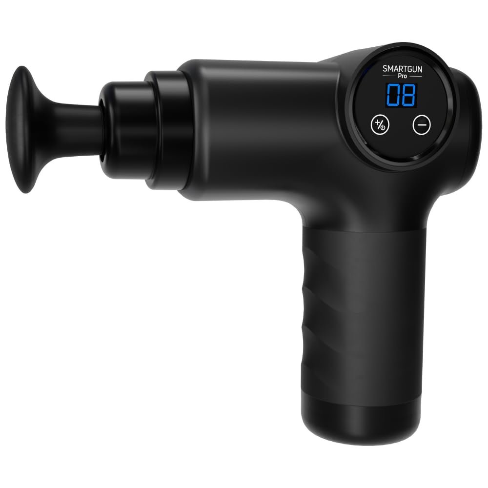 SPA SCIENCES - SmartGun Pro Therapeutic Deep Tissue Percussion Massager for Muscle Soreness with Interchangeable Heads and 8 Intensity Levels USB Rechargeable Black