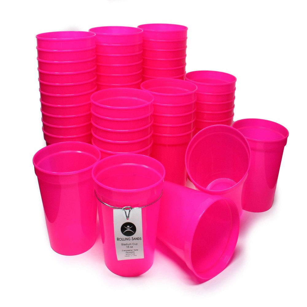 Rolling Sands 16 Oz Reusable Plastic Stadium Cups, Bulk 50 Pk, USA Made, BPA-Free Dishwasher Safe Plastic Tumblers, Translucent Neon Pink