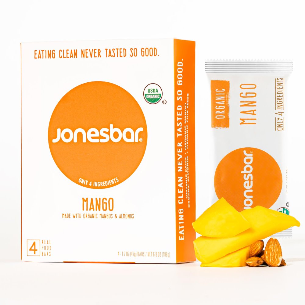 JONESBAR (Mango Almond, 4 Count (Pack of 1)), USDA Organic Fruit & Nut Bar, Non-GMO, Kosher, Vegan, Gluten Free, Simple Snack Bar