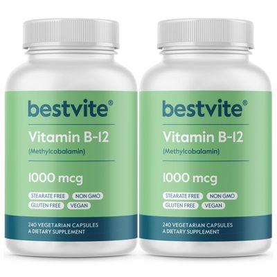 BESTVITE Vitamin B12 (Methylcobalamin) 1000mcg (480 Vegetarian Capsules)(2 x 240) (Methyl B12) - No Stearates - Vegan - Non GMO - Gluten Free