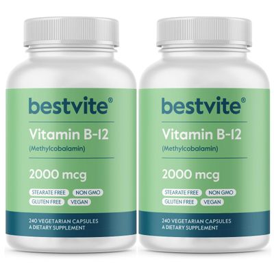 BESTVITE Vitamin B12 (Methylcobalamin) 2000mcg (480 Vegetarian Capsules)(2 x 240) (Methyl B12) - No Stearates - Vegan - Non GMO - Gluten Free