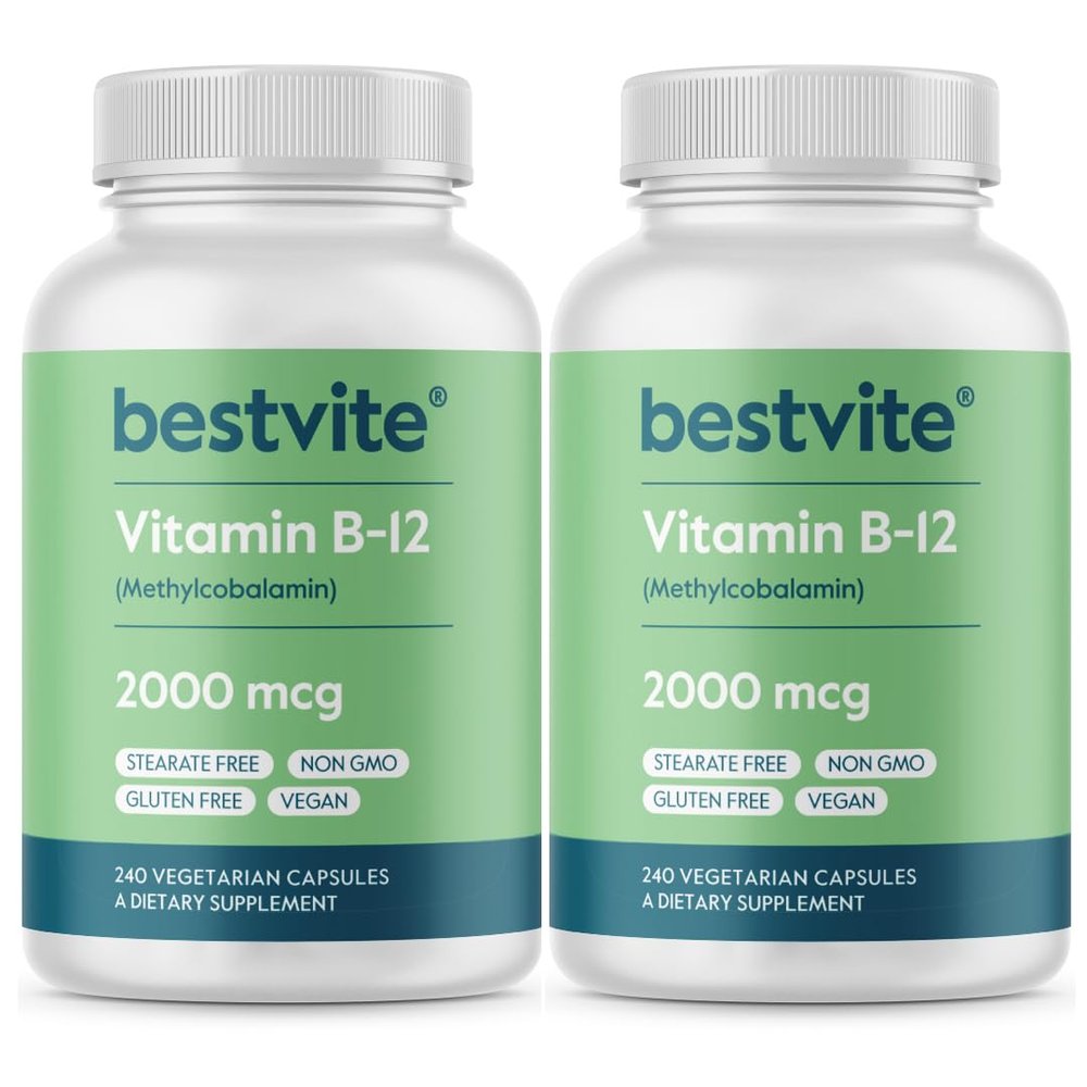 BESTVITE Vitamin B12 (Methylcobalamin) 2000mcg (480 Vegetarian Capsules)(2 x 240) (Methyl B12) - No Stearates - Vegan - Non GMO - Gluten Free