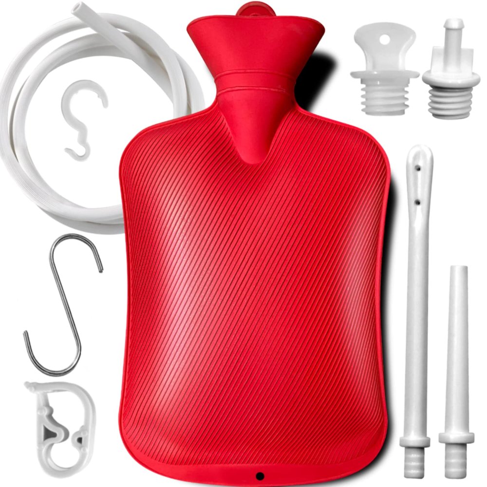 2 L Enema Bag Coffee Enema Bag Kit with 5.0 ft. Long Silicone Hose ,2 Multi-Size Reusable Tips, Controlable Water Flow Valve- Coffee, Shower, Douche & Home Adult Enema KitRED