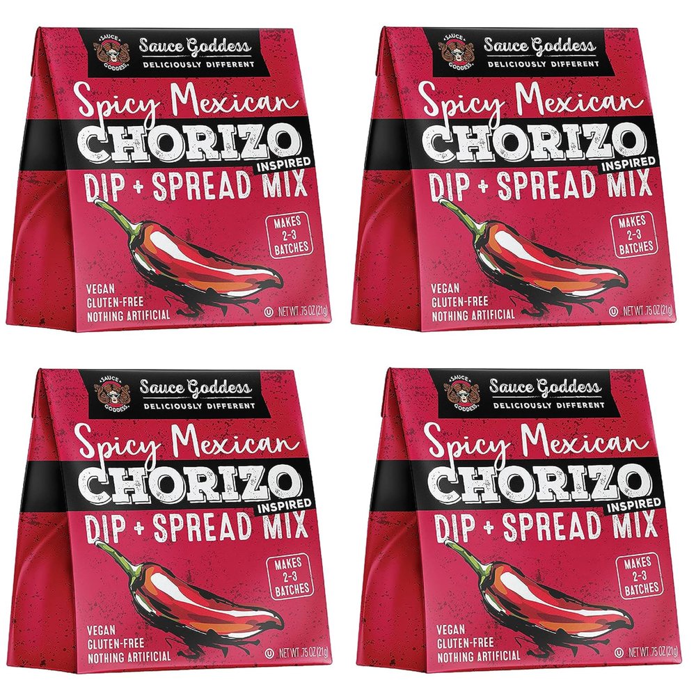 Sauce Goddess - Spicy Mexican Chorizo Dip Mix - Medium-Spicy, No Sugar, Low Sodium, Vegan, Cream Cheese & Sour Cream Dips - 0.75oz (4-Pack)