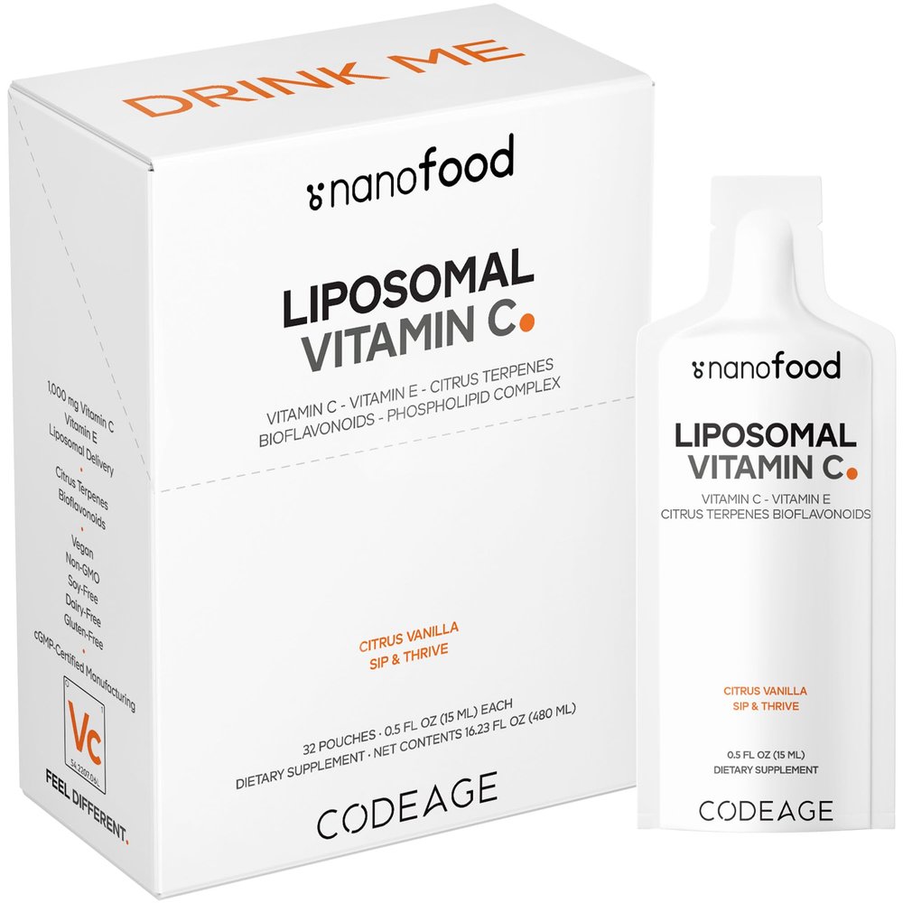 Codeage Liposomal Vitamin C Liquid 1000mg Vitamin C, 4000mg Essential Phospholipids, Supplement For Daily Immune Support, Liposomes For Absorption, Citrus Bioflavonoids, Vitamin E, Non-GMO, 32 Pouches
