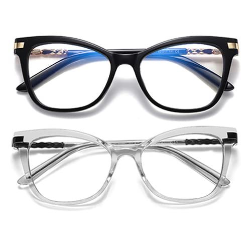 2 Pack Trendy TR90 Oversized Spring Hinges Blue Light Reading Glasses Women,Stylish Square Cat Eye Glasses Lightweight (black/clear, 2.75, multiplier_x)