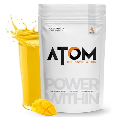 Asitis Nutrition Atom Whey Protein Isolate 1kg/35.2 Oz | 30g Protein, 6.1g Bcaa & 13g Eaa | Ultra-pure Fast Acting Protein | Mango Delight Flavor No Added Sugar Cross-flow Microfiltered