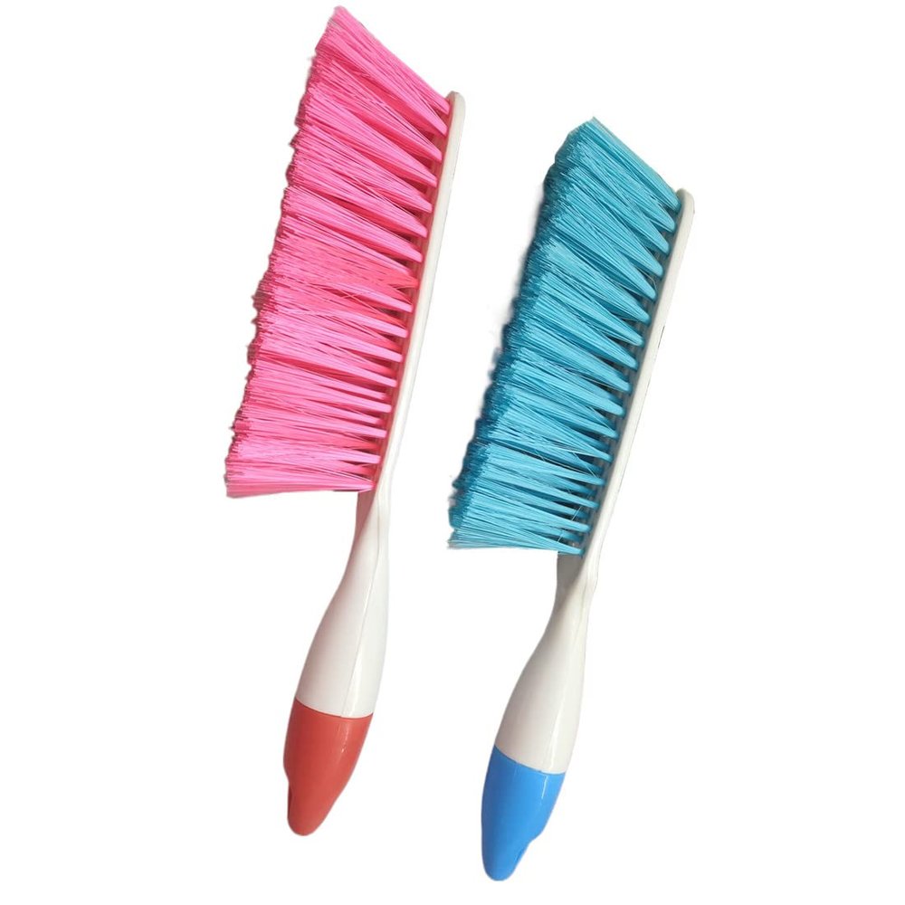 Jilukibo 2 Pack Soft Bristle Bed Sheets Sweeping Cleaning Brush with Plastic Handle, Blue, Rose Red