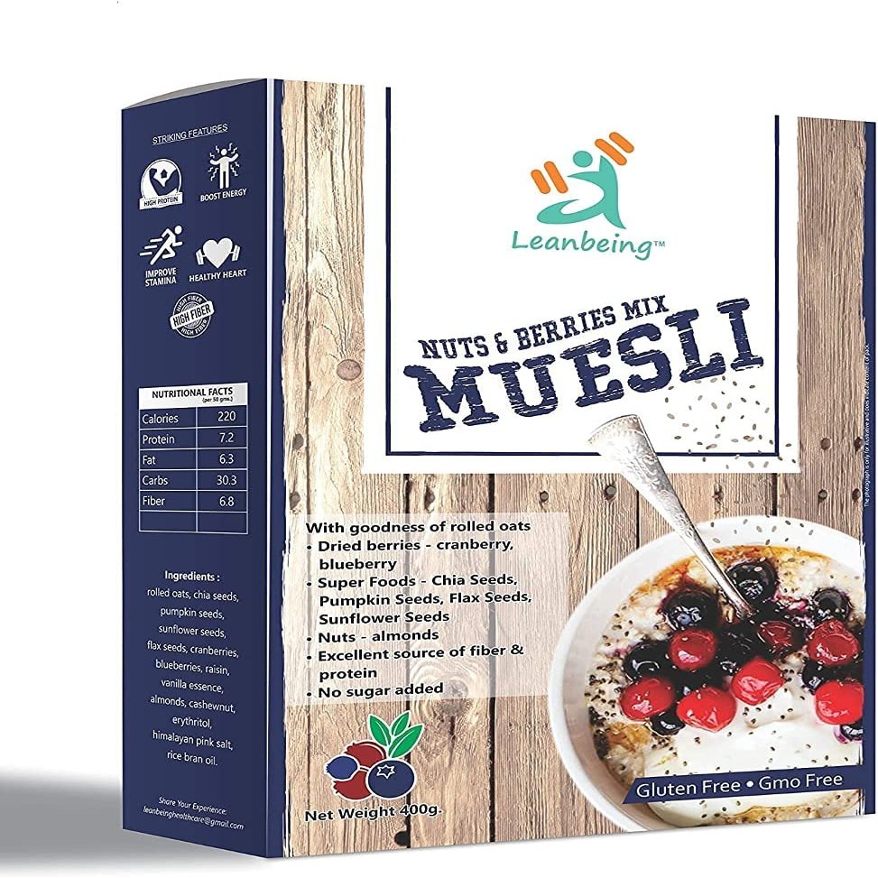 BETT Leanbeing Muesli Nut, Berries & Seeds Mix 400G | Gluten Free | Natural Breakfast Cereal |Naturally Sweetened