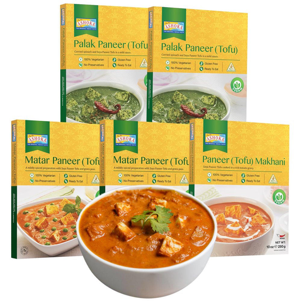 Ashoka Traditional Indian Meals 1932, Gluten-Free Meal Kit, Vegan Tofu Paneer Assortment, Kosher Certified, All-Natural Variety Pack, Travel Friendly Meals, Authentic with No Preservatives, Pack of 5