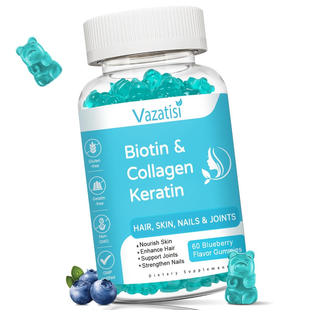 Biotin Gummies with Collagen & Keratin for Hair Skin Nails- Supports Hair Growth and Stronger Nails, Women Men, Kids - 60 Blueberry Flavored Gummies