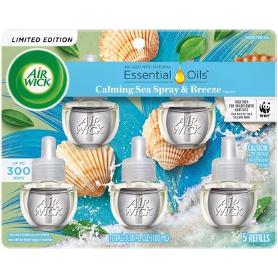 Air Wick Plug In Scented Oil Refill, Infused with Essential Oils, Plug In Air Fresheners for Home, Calming Sea Spray & Breeze, 5 ct