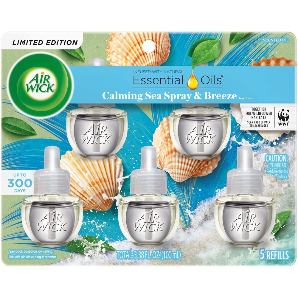 Air Wick Plug In Scented Oil Refill, Infused with Essential Oils, Plug In Air Fresheners for Home, Calming Sea Spray & Breeze, 5 ct