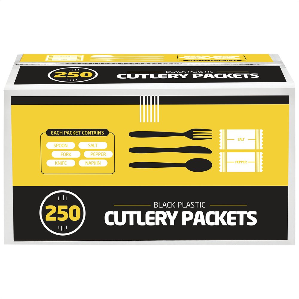 250 Disposable Cutlery Packets - Knife, Fork, Spoon, Napkin, Salt, Pepper Sets | Black & Silver Plastic Sets, Individually Wrapped Cutlery Kits