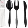 250 Disposable Cutlery Packets - Knife, Fork, Spoon, Napkin, Salt, Pepper Sets | Black & Silver Plastic Sets, Individually Wrapped Cutlery Kits view 2