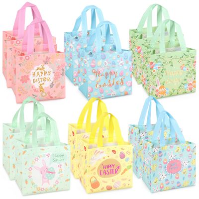 12PCS Happy Easter Egg Hunt Bags Easter Bunny Carrot Chick Egg Gift Bags with Handles, Easter Treat Bags, Easter Party Supplies , 8.37.95.9inch