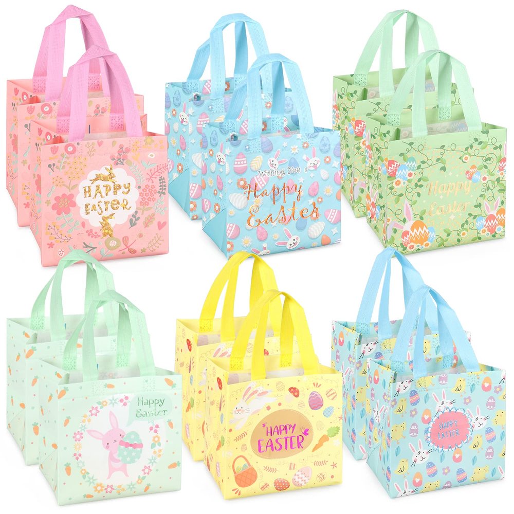12PCS Happy Easter Egg Hunt Bags Easter Bunny Carrot Chick Egg Gift Bags with Handles, Easter Treat Bags, Easter Party Supplies , 8.37.95.9inch