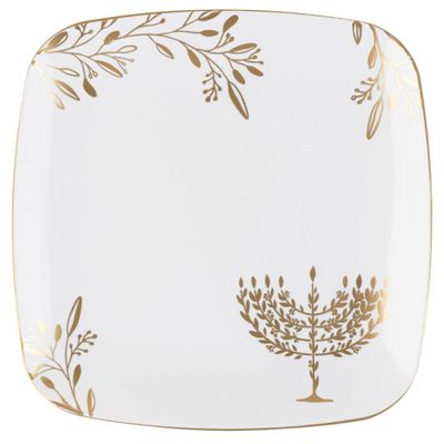 10" inch Square Plastic Plates Heavy Duty Plastic Hanukkah Dinner Plates with White Gold Chanukah Design Hanukkah Party Disposable Entree Plate China Like Blue Charger Plate Chanuka (120)