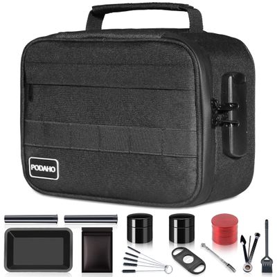 PODAHO Black Medium Smell Proof Bag with 11 PCS Accessories, Premium Storage Box Case with Combination Lock, Waterproof Food Containers Pouch For Storing Your Particular Products, Black