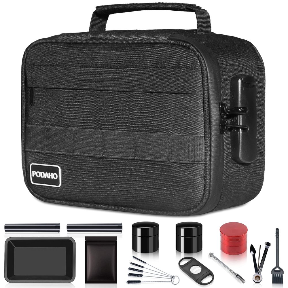 PODAHO Black Medium Smell Proof Bag with 11 PCS Accessories, Premium Storage Box Case with Combination Lock, Waterproof Food Containers Pouch For Storing Your Particular Products, Black