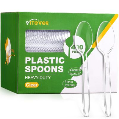 [400 Count] Heavy Duty Plastic Spoons, Premium Disposable Spoons, Durable Plastic Cutlery for for Parties, Picnics, Big Event, Daily Use - Heat Resistant & BPA Free - Clear