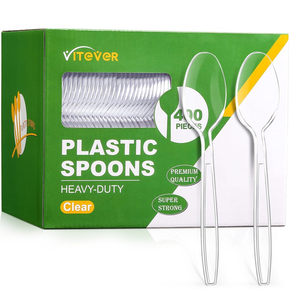 [400 Count] Heavy Duty Plastic Spoons, Premium Disposable Spoons, Durable Plastic Cutlery for for Parties, Picnics, Big Event, Daily Use - Heat Resistant & BPA Free - Clear