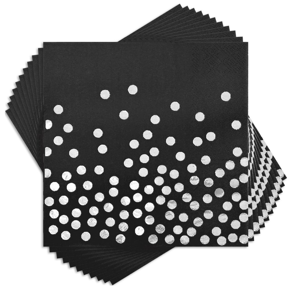 100 Pack Black Cocktail Napkins Disposable - Black and Silver Paper Party Napkins for Birthday Wedding Anniversary Party