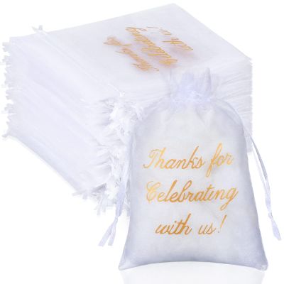 100 Pcs Wedding Favor Bags Mesh Thank You Gift Bags with Drawstring Sheer Mesh Organza Wedding Thank You Gifts Bag for Guests Goodie Jewelry Candy for Bridal Shower, Anniversary(4 x 6 Inch,White)
