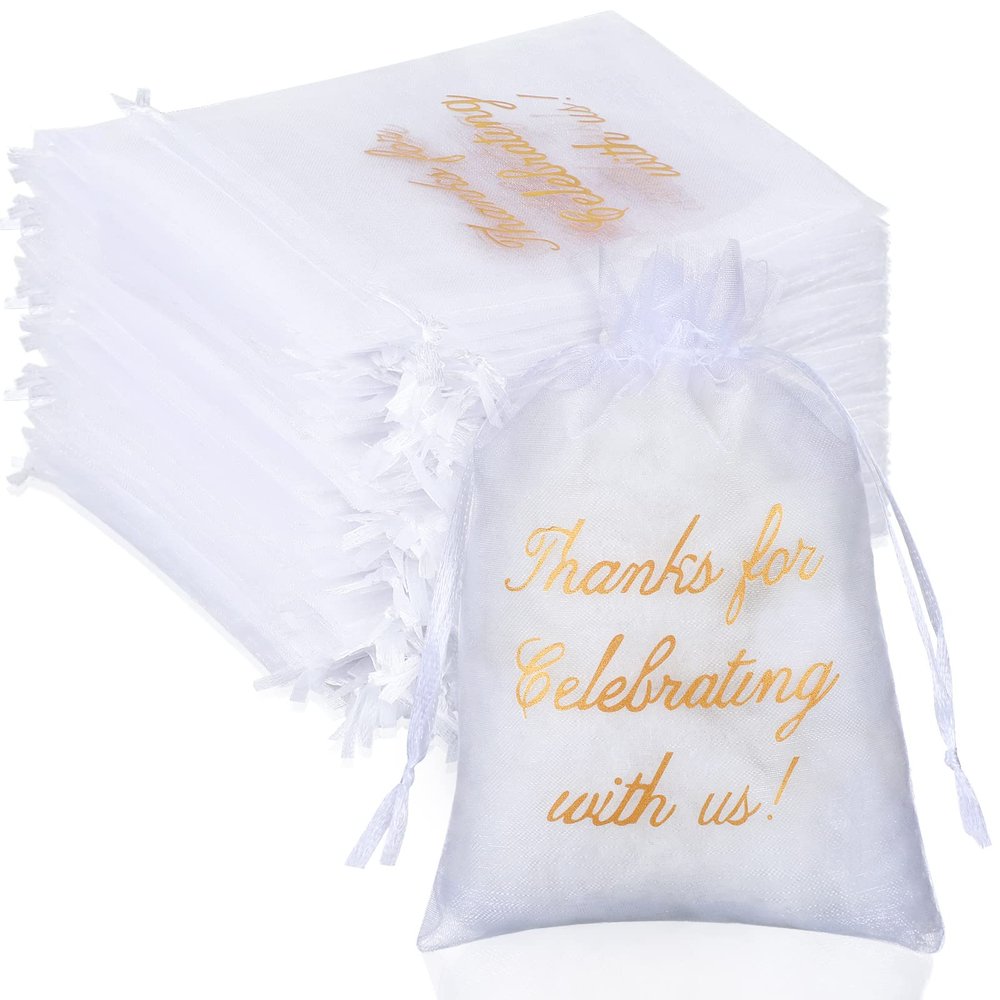 100 Pcs Wedding Favor Bags Mesh Thank You Gift Bags with Drawstring Sheer Mesh Organza Wedding Thank You Gifts Bag for Guests Goodie Jewelry Candy for Bridal Shower, Anniversary(4 x 6 Inch,White)