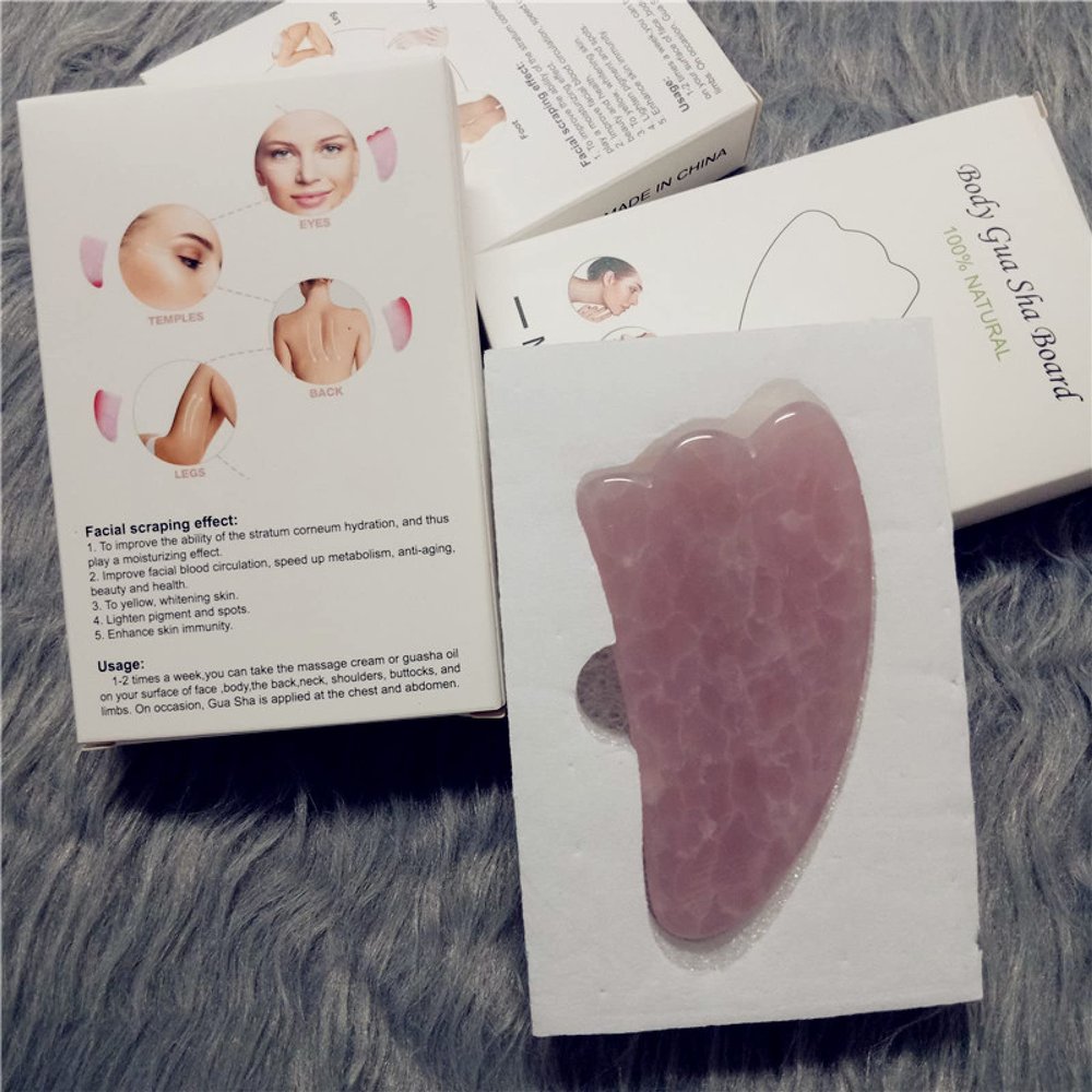 100% Natural Jade Stone Gua Sha Board Massage Rose Quartz Guasha Plate Jade Tools,Pink-2 with Box