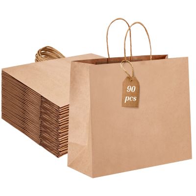 Moretoes 16x6x12 Inch 90pcs Brown Paper Bags with Handles Large Kraft Paper Gift Bags Bulk for Boutiques, Small Business, Retail Stores, Gifts, Merchandise
