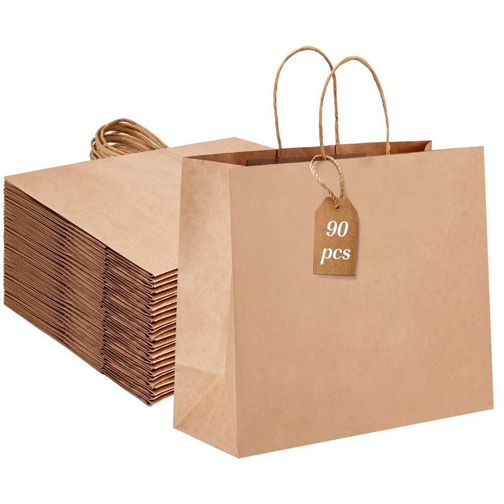 Moretoes 16x6x12 Inch 90pcs Brown Paper Bags with Handles Large Kraft Paper Gift Bags Bulk for Boutiques, Small Business, Retail Stores, Gifts, Merchandise