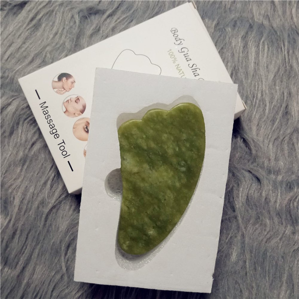100% Natural Jade Stone Gua Sha Board Massage Rose Quartz Guasha Plate Jade Tools,Green-2 with Box
