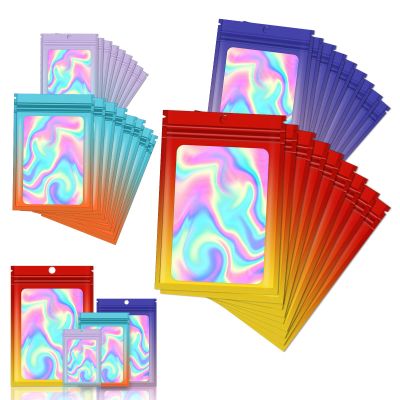 120 PCS Smell Proof Mylar Bags Resealable Odor Proof Bags Holographic Packaging Pouch Bag with Clear Window for Food Storage Eyelash Jewelry Candy Electronics Storage, 4 Sizes (Multicolor Gradient)