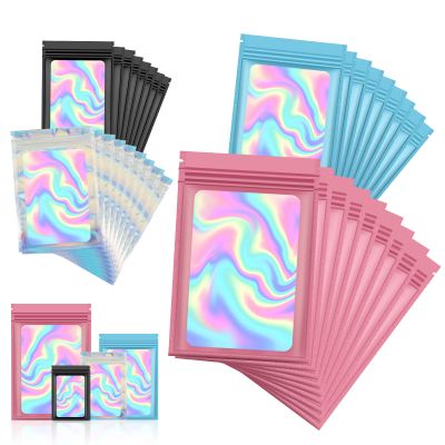 120 PCS Smell Proof Mylar Bags Resealable Odor Proof Bags Holographic Packaging Pouch Bag with Clear Window for Food Storage Eyelash Jewelry Candy Electronics Storage, 4 Sizes (Multicolor01)